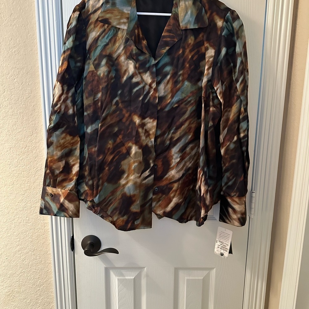 Jones New York Brown and Blue Abstract Blouse
